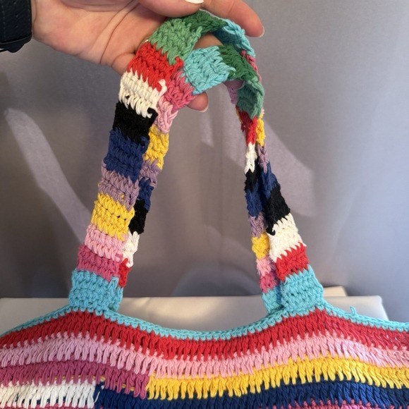 Celia B Rainbow Stripe Crochet Tote Purse Handbag Shoulder Bag Boho Festival NWT - Picture 8 of 12